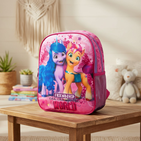 Ghiozdane și Rucsacuri 3D - Ghiozdan roz de grădiniță cu My Little Pony și mesajul motivațional Friendship can change the world.