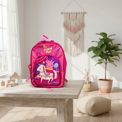 Ghiozdane și Rucsacuri 3D - Ghiozdan roz de grădiniță model Peppa Pig pe un unicorn magic cu mesajul Fair Ground Fun.