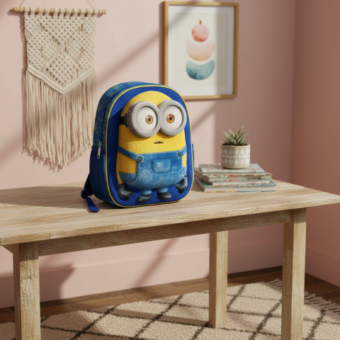 Ghiozdane și Rucsacuri 3D - Ghiozdan de grădiniță albastru cu personajele Minions, dimensiuni 32x27x11 cm.