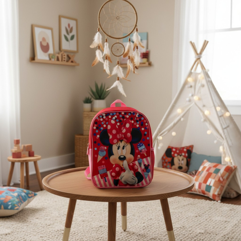 Ghiozdane și Rucsacuri 3D - Ghiozdan roșu de grădiniță model Minnie Mouse cu buline și motive cu înghețată.