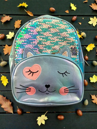 Ghiozdane și Rucsacuri - Ghiozdan holografic roz cu paiete reversibile și față de pisicuță 3D.