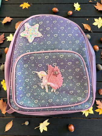 Ghiozdan roz cu unicorn 3D, paiete sclipitoare și buzunar frontal pentru fetițe.