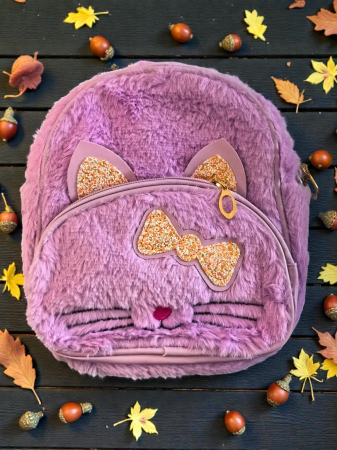 Ghiozdane și Rucsacuri - Mini rucsac din pluș moale în formă de pisicuță cu fundiță roz sclipitoare.