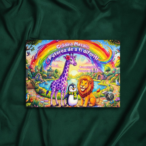 Cărți: povești de suflet pentru toate vârstele - Coperta cartii Gradina Mozaic Puterea de a fi diferiti ilustrand o girafa violeta un leu si un pinguin sub un curcubeu