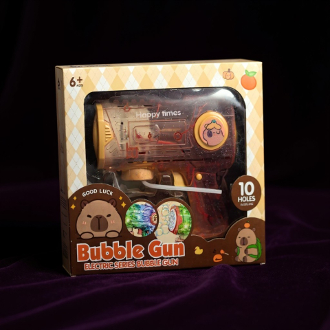 Pistoale de Jucărie - Jucărie Bubble Gun electrică model Capibara de culoare transparentă cu 10 orificii și lumini LED, în cutia originală.