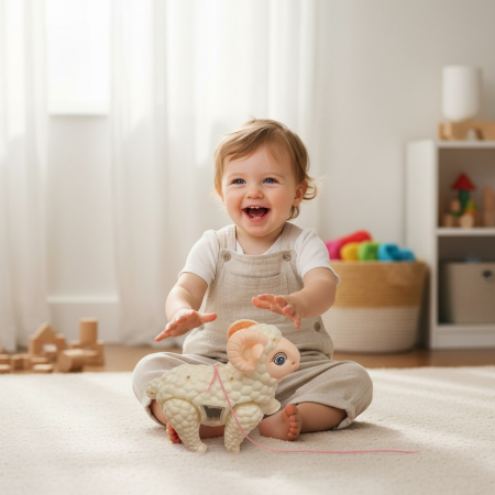 Animale de fermă - Jucarie interactiva de tras cu sfoara model dinozaur cu muzica si sunete.