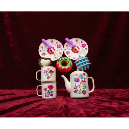 Seturi de Jucării - Set ceainic de jucarie cu tava cani si accesorii prajituri model floral.