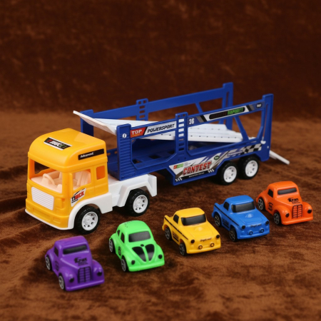 Mașinuțe Monster Truck - Tir de jucarie galben cu platforma albastra supraetajata si 5 masinute colorate incluse.