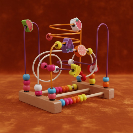 Jucării educative - Spirala motrică Montessori din lemn cu 3 trasee colorate, fructe și abac, dimensiuni 22.5x14.5x21 cm.