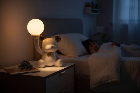 Lămpi de Veghe - Lampă de veghe LED în formă de ursuleț alb cu urechi aurii și sferă luminoasă, alimentare USB.