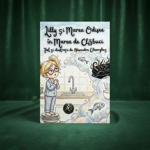 Cărți: povești de suflet pentru toate vârstele - Coperta cartii Lilly si Marea Odisee in Marea de Clabuci de Alexandra Gheorghes aratand o fetita pe un teanc de farfurii