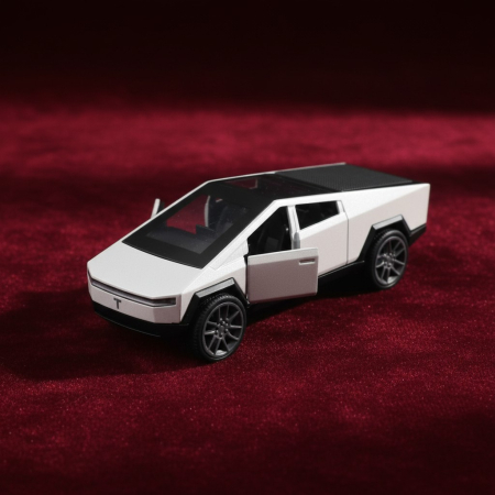 Cadouri pentru EL - Mașină metalică Tesla Cybertruck scara 1:32 albă cu uși deschise și lumini.