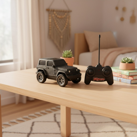 Mașinuțe cu Telecomandă - Mașină cu radiocomandă (R/C) off-road, design checkerboard alb-negru-gri, cu roți din cauciuc.