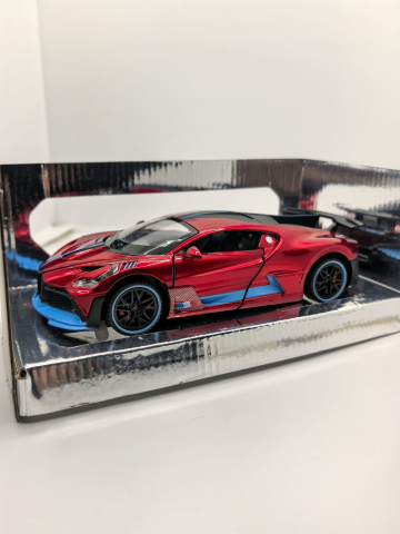 Pentru EL - Machetă auto metalică de colecție Bugatti Divo roșu metalizat cu accente albastre, în cutie de prezentare.