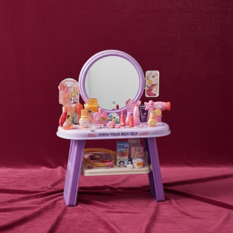 Seturi de Jucării - Măsuță de machiaj mov pentru copii cu oglindă rotundă și 53 de accesorii Pretty Girl.