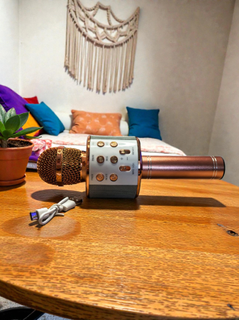Microfon karaoke wireless auriu de 20 cm cu boxă integrată și panou de control Bluetooth.