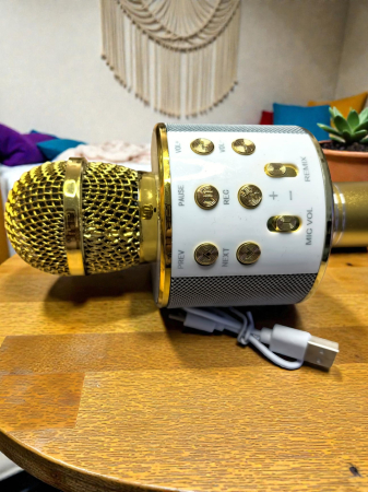 Instrumente muzicale pentru Copii - Microfon karaoke wireless auriu de 20 cm cu boxă integrată și panou de control Bluetooth.