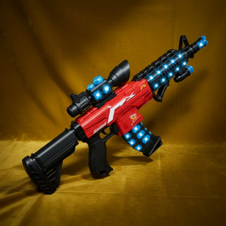 Pistoale de Jucărie - Mitralieră electrică de jucărie roșu-negru cu lumini LED albastre aprinse și lunetă.