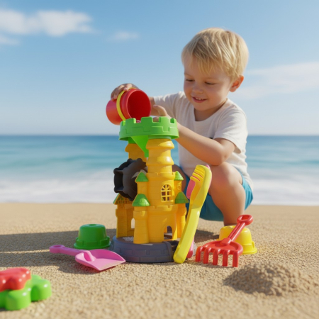 Seturi de Jucării pentru Nisip - Moară de nisip și apă în formă de castel galben cu accesorii de plajă.