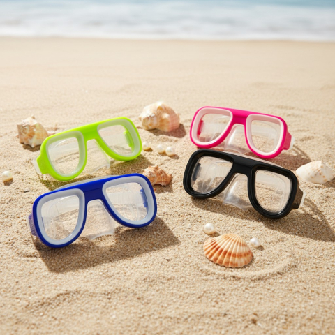 Ochelari de înot - Patru măști de scufundări pentru copii în culori albastru, verde, roz și negru pe nisip cu scoici.