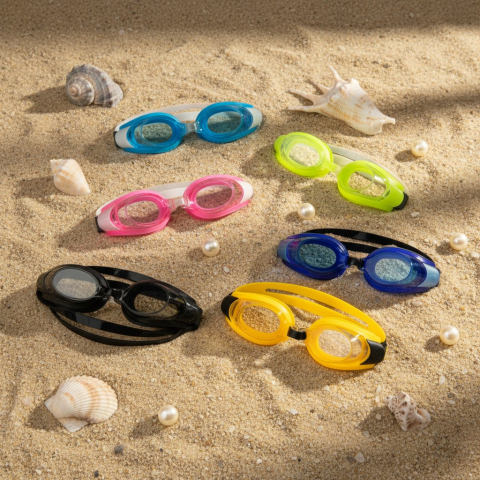 Ochelari de înot - Set perechi de ochelari de înot Advanced Swim Goggles de diferite culori așezați pe nisip cu scoici decorative.