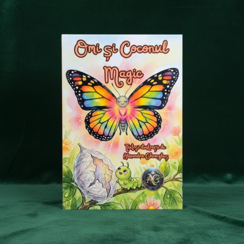 Cărți: povești de suflet pentru toate vârstele - Coperta cartii Omi si Coconul Magic de Alexandra Gheorghes cu un fluture colorat si o omida