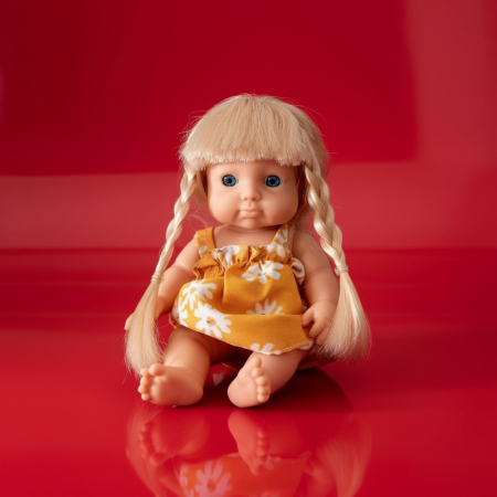 Bebeluși - Papusa Baby Shower de 30 cm cu rochita florala si par blond impletit.