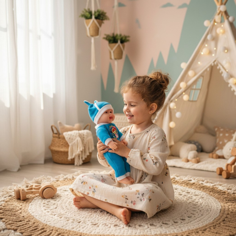 Bebeluși - Păpușă bebeluș interactivă de 40 cm care râde, îmbrăcată în hăinuțe albastre.