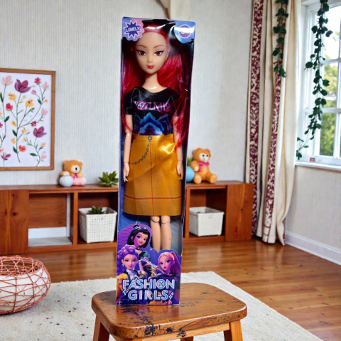 Păpușă articulată Fashion Girls cu păr albastru și ținută modernă stil K-Pop în cutia originală.