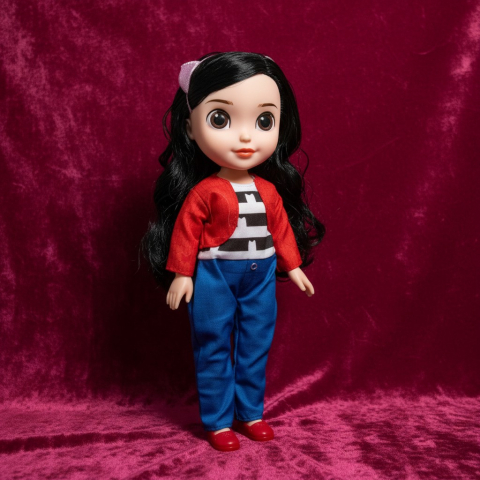 Păpuși - Păpușă Lovely de 35 cm cu păr negru, jachetă roșie și bentiță cu urechi de pisică inspirată de Gabby's Dollhouse.