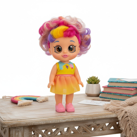 Păpuși - Păpușă Sparkle Kids cu ochi mari 5D expresivi, păr multicolor și ținută veselă, dotată cu funcție muzicală.