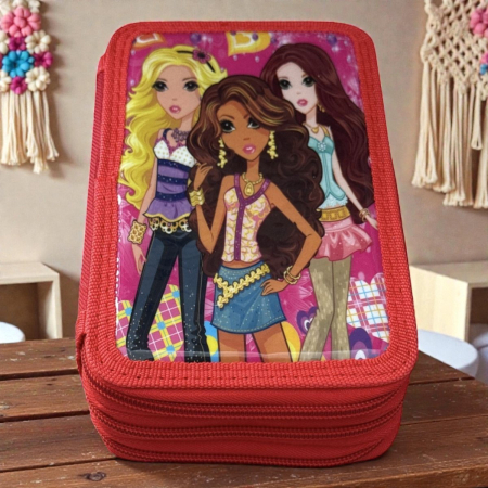 Penare - Penar școlar mare cu 3 fermoare, complet echipat cu rechizite, model mix colorat.