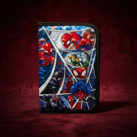 Penare - Penar școlar original Spider-Man cu un fermoar și două flapsuri interioare pentru organizare, design roșu și negru Marvel.