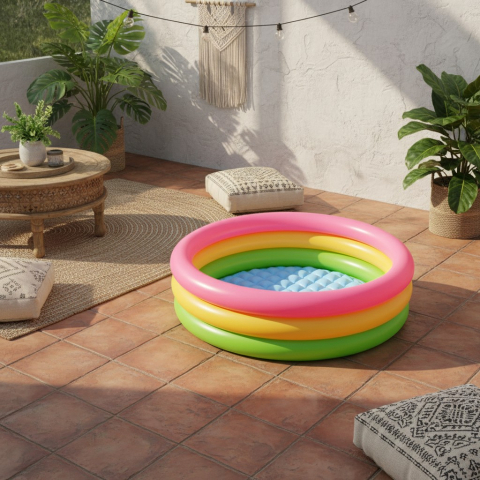 Colace și Piscine Gonflabile - Piscină gonflabilă pentru copii cu 3 inele în culori pastelate, diametru 150 cm, instalată în grădină.