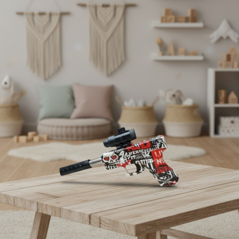Pistoale de Jucărie - Pistol cu bile de gel „Skull Graffiti” echipat cu lunetă și amortizor, pe un fundal urban.
