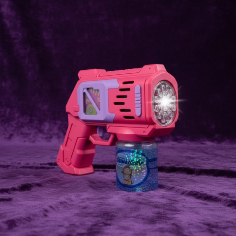 Pistoale de Jucărie - Pistol de jucărie roz Space Bubble Gun cu lumini LED și flacon de soluție atașat.