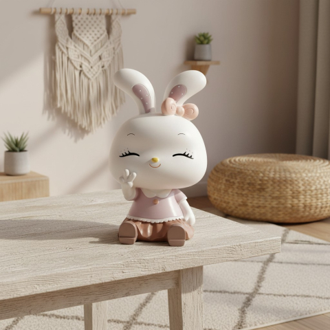 Pușculițe - Pușculiță decorativă pentru copii în formă de iepuraș alb cu roz, model Bunny Girl.