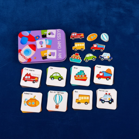 Puzzle-uri - Puzzle educativ cu mijloace de transport în cutie metalică, set 24 piese de asociere.