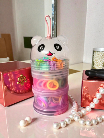 Clămițe colorate - Recipient etajat ursuleț roz cu accesorii de păr pentru copii și baretă de transport.