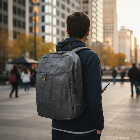 Ghiozdane și Rucsacuri 3D - Rucsac urban gri melanj cu compartiment laptop si port USB extern pentru incarcare