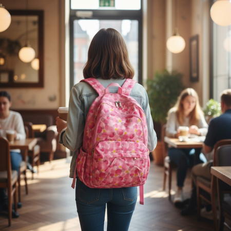 Rucsac școlar modern cu imprimeu floral colorat și buzunare laterale, dimensiune 44 cm.
