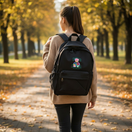 Ghiozdane și Rucsacuri - Rucsac școlar modern cu imprimeu ursulet și buzunare multiple.