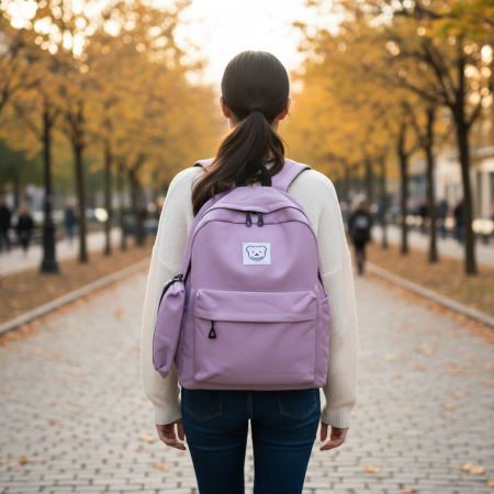Rucsac școlar modern cu imprimeu ursulet și buzunare multiple.