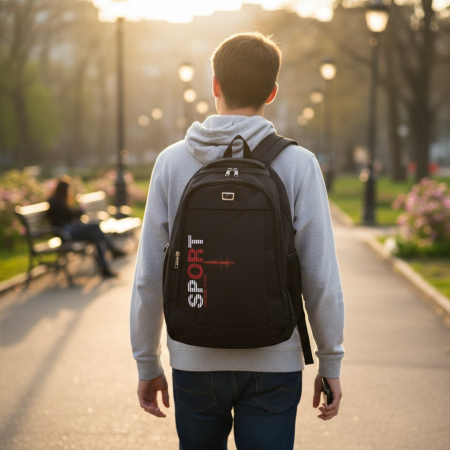 Ghiozdane și Rucsacuri - Rucsac sport modern negru din poliester cu inscripția Sport și bretele reglabile.