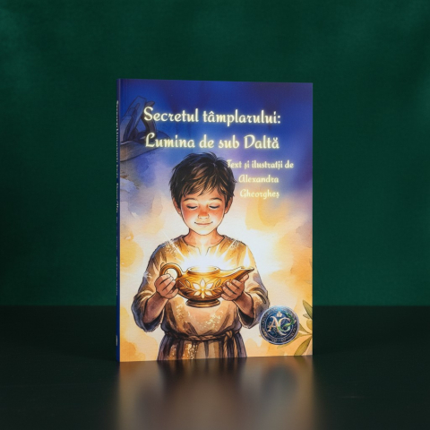 Cărți: povești de suflet pentru toate vârstele - Coperta cartii Secretul Tamplarului Lumina de sub Dalta ilustrand un baietel care tine in maini o lampa stralucitoare