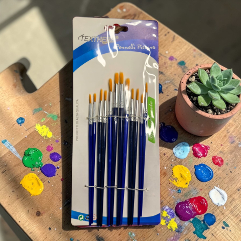 Accesorii Pictură și Desen - Set 12 pensule pentru pictura Textherr cu maner albastru asezate pe un suport cu culori
