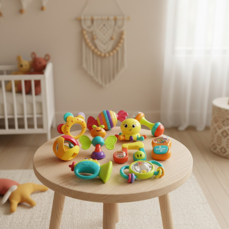 Jucării educative - Set 12 zornaitori colorate si interactive pentru dezvoltarea senzoriala a bebelusilor.