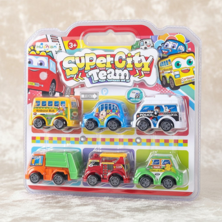 Mașinuțe Monster Truck - Set 6 masinute colorate Super City Team cu mecanism pull-back si design cartoon.