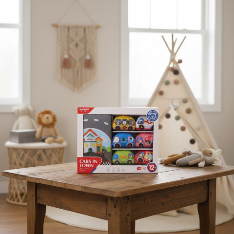 Jucării educative - Set 6 mașinuțe textile moi pentru bebeluși pe un covoraș tip circuit, incluzând geantă de transport.