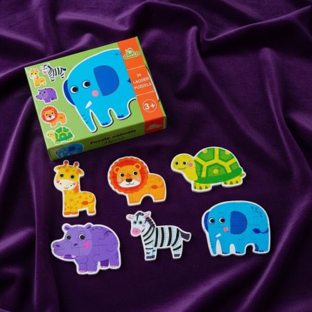 Puzzle-uri - Set 6 puzzle-uri progresive din carton gros de 3mm cu mașini colorate, piese mari pentru copii.